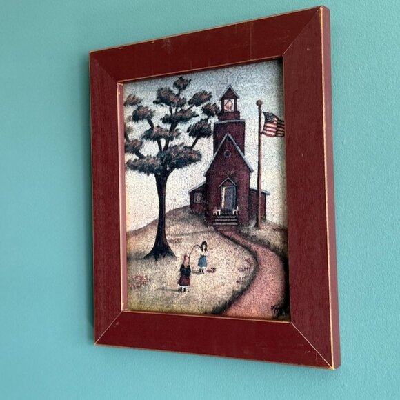 Vintage 1988 Framed Folk Art Print With Schoolhouse & Children - Picture 4 of 8